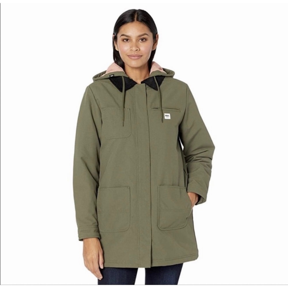 Vans Womens M Hooded Parka Jacket Olive Green Quilted Water Resistant Chore Coat